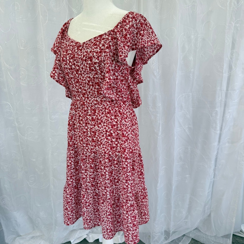 Monteau Los Angeles Red Floral Flutter Sleeve Tiered Midi Dress Small - Picture 2 of 7